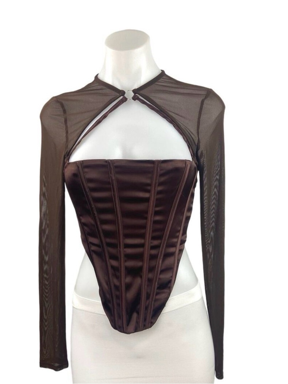 Fashion Nova Delphine Brown Sheer Long-Sleeve Mesh Bolero with Satin Corset Top